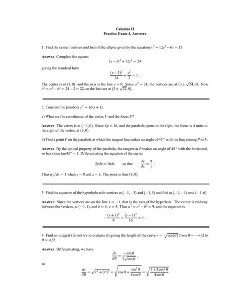 Calculus Ii Practice Exam Answers Answer X