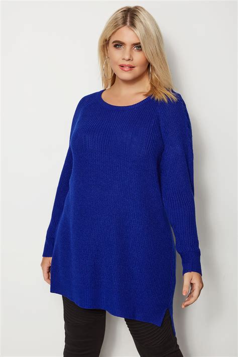 Cobalt Blue Knitted Jumper With Lattice Shoulders Plus Size 16 To 36