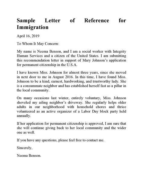 Immigration Sample Letter Character