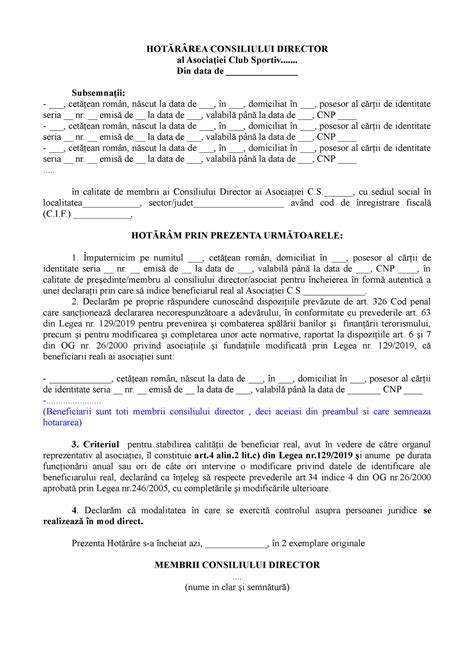 Hotarare beneficiar real asociatie model HOTĂRÂREA CONSILIULUI