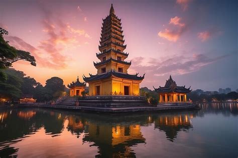 Premium Photo Hanoi Buddhist Pagoda On West Lake Colorful Sunset