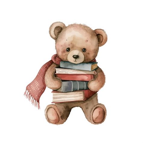 Osito De Peluche Con Libros En La Mano Pintura En Acuarela Vector Premium