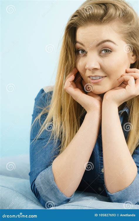 Portrait Of Happy Blonde Woman Smiling With Joy Stock Image Image Of