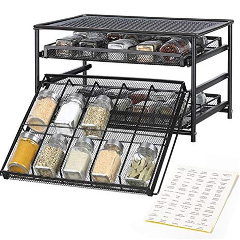 Nex Spice Rack Organizer 3 Tier Metal Kitchen Cabinet Spice Drawer Storage With Labels Brown