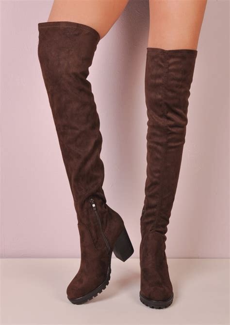 Over The Knee Cleated Sole Faux Suede Chunky Long Boots Brown