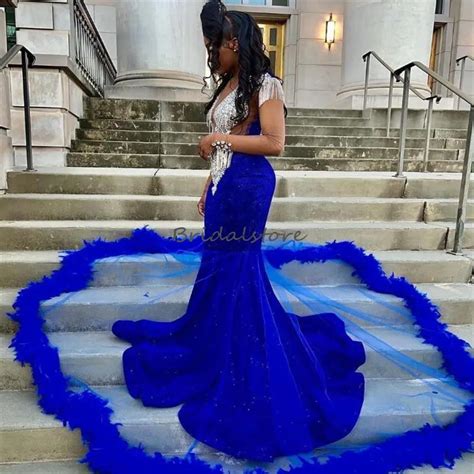 Luxury Royal Blue Feather Mermaid Blue Mermaid Prom Dress With Beaded Crystal Embellishments For ...