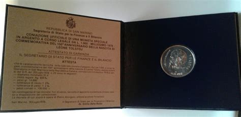 MONETA 1000 Lire ARGENTO Leone Tolstoj Anno 1978 REPUBBLICA DI SAN