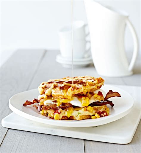 Gluten Free Cornbread Waffle Egg Sandwich With Bacon And Maple Syrup The Eclectic Kitchen