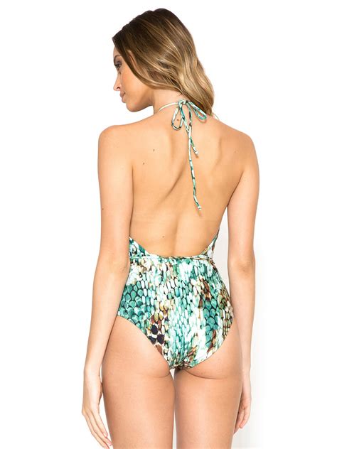 One Piece Swimsuit With Snake Print And Plunging Neckline Shin Halter