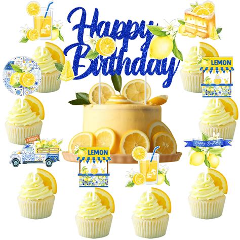 Buy Pcs Blue Tile And Lemon Birthday Cake Decorations Lemon Blue