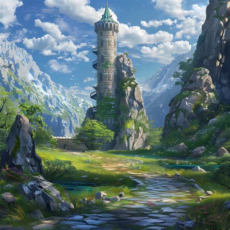 Mage tower in Fantasy land stock illustration. Illustration of spring ...