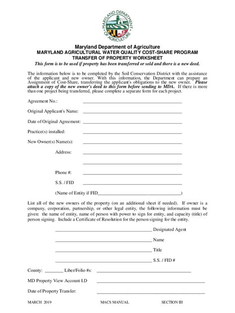 Fillable Online Mda Maryland Transfer Of Property Worksheet Transfer