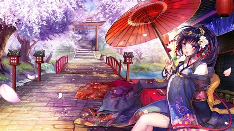 Wallpaper Anime Girls Kimono Umbrella Bridge 1500x844 Ilya