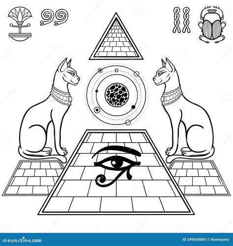 Mystical Linear Drawing: Sacred Cats Goddess Bastet Guard The Pyramid