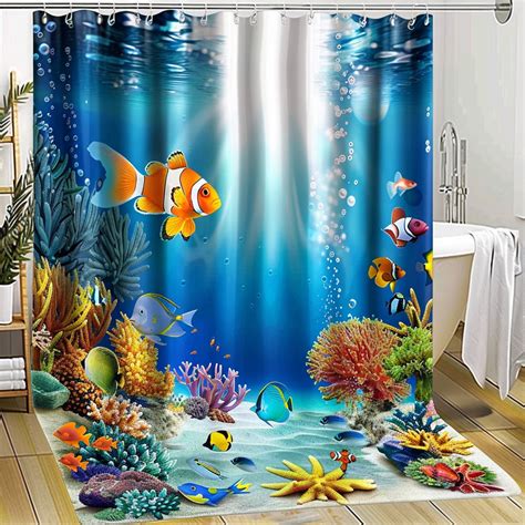 Underwater Coral Reef Shower Curtain With Goldfish And Anemones Bright