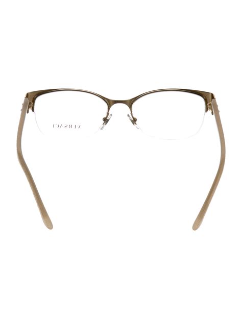 Gold Tone Metal Versace Square Eyeglasses With Clear Lenses And Logos At Arms Eyeglasses