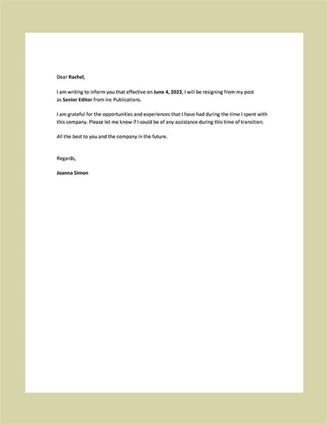 Short Resignation Letter Template Google Docs Word Template Net