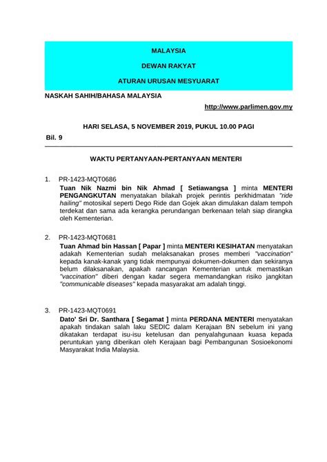 Pdf Malaysia Dewan Rakyat Aturan Urusan Mesyuarat Menyatakan Adakah