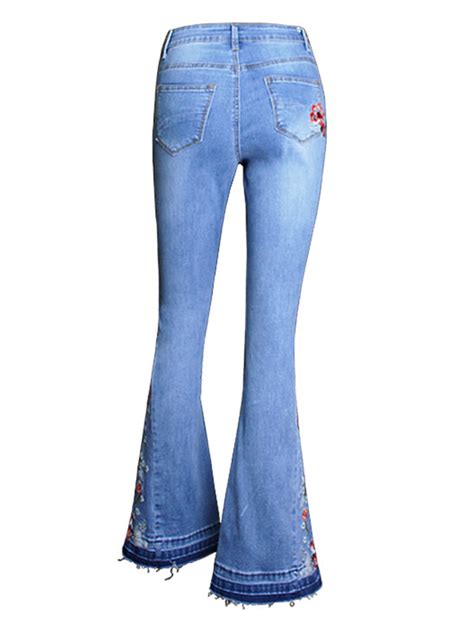 Raw Hem Flower Embroidery Bell Bottom Jeans