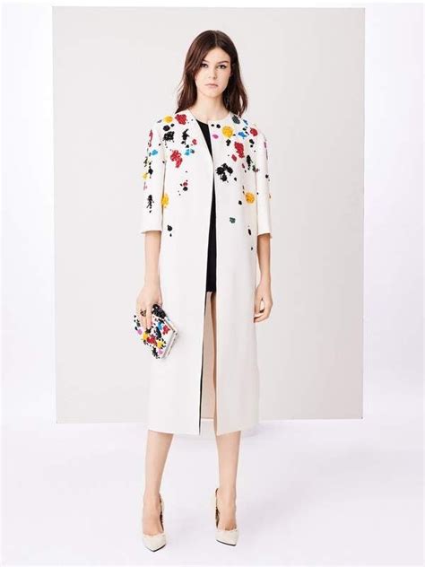 Oscar De La Renta Ivory Splatter Embroidered Stretch Wool Coat