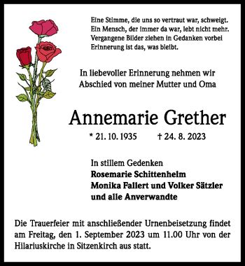 Traueranzeigen von Annemarie Grether Schwarzwälder Bote Trauer