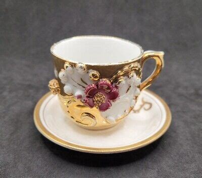 J G Meakin Hanley England Gold Floral Majolica Demitasse Tea Cup Saucer