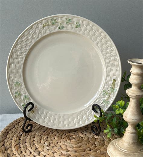 Belleek Dinner Plate Green Shamrock Basketweave Rim Made In Ireland