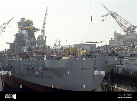 A Port Quarter View Of The Battleship Uss Missouri Bb 63 Undergoing Reactivation And