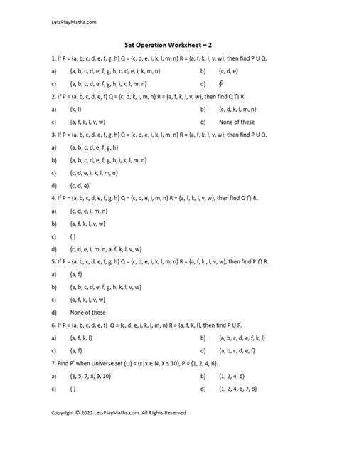 Set Operation Worksheet 2 Download Free Pdf All Rights Reserved