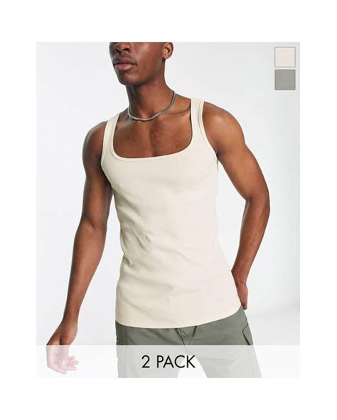 Asos Pack Muscle Fit Rib Tank Top With Square Neck In White For Men