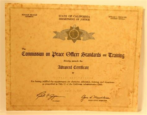 Vintage Peace Officers Standards And Training Certificate 1974 Ebay