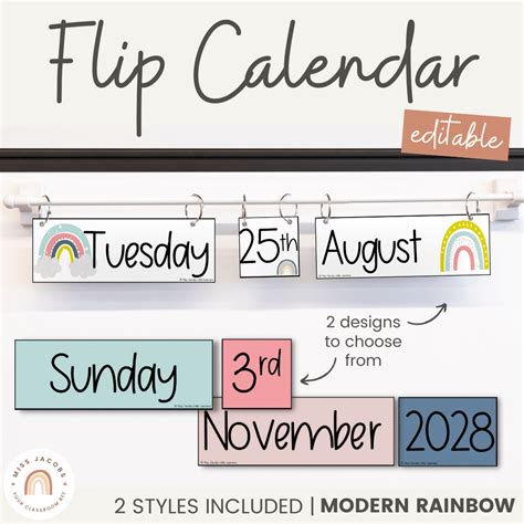 FLIP CALENDAR | MODERN RAINBOW CLASSROOM DECOR | CALM COLORS | EDITABLE ...