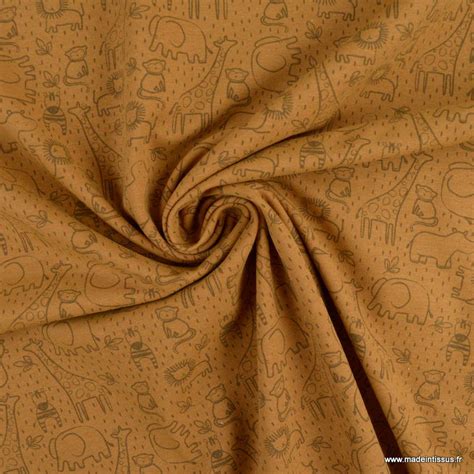 Tissu Jersey Motif Animaux De La Savane Fond Camel Oeko Tex Standard