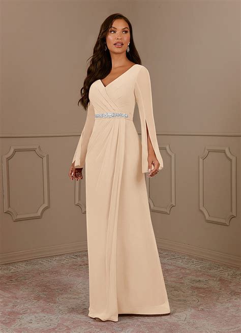 Sand Azazie Belinda A Line V Neck Pleated Chiffon Floor Length Dress