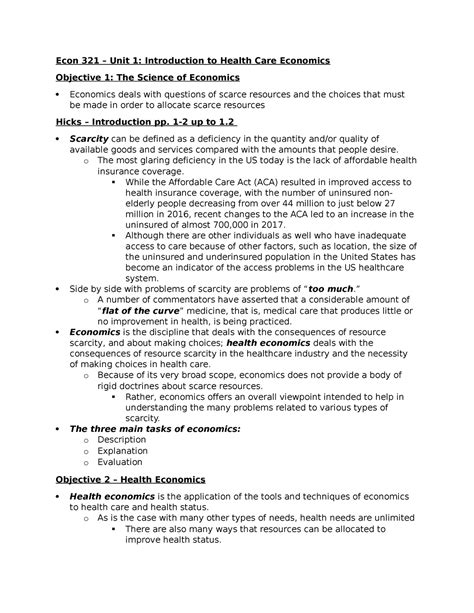 Unit 1 Study Notes Econ 321 Unit 1 Introduction To Health Care