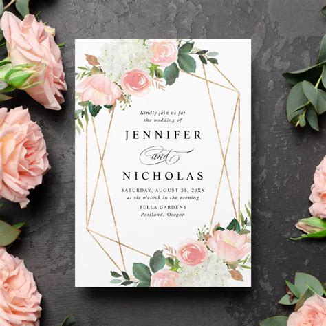 Blush Spring Floral Gold Frame Wedding Invitation Zazzle