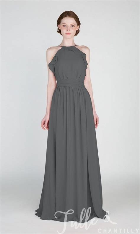 Full Length Halter Neck Bridesmaid Dress With Ruffles Details Tbqp416