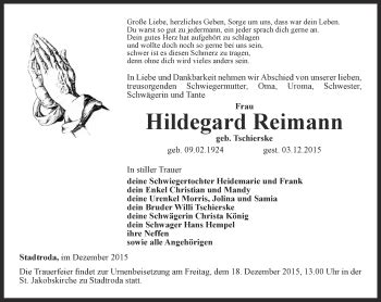 Traueranzeigen Von Hildegard Reimann Trauer In Thueringen De