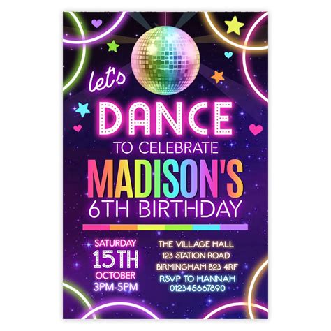 Personalised Disco Party Invitations Girls Disco Ball Invites Neon