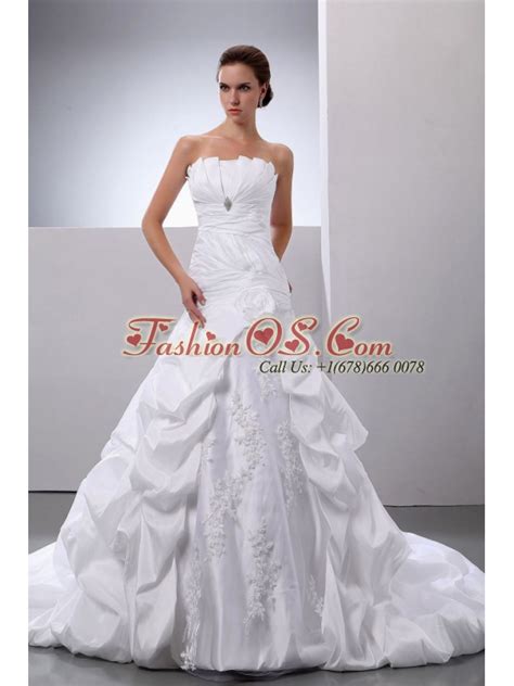 Pick Ups And Appliques A Line Princess Taffeta Chapel Train Strapless