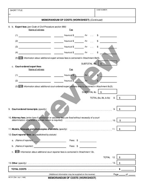 Memorandum Of Costs Worksheet Us Legal Forms