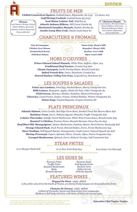 Avert Brasserie menu in West Hartford, Connecticut, USA