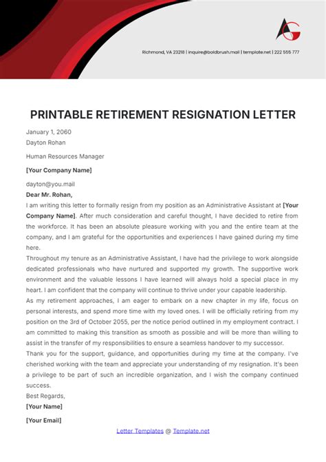 Free Printable Retirement Resignation Letter Template Edit Online And Download