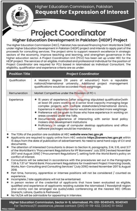 Hec Jobs For Project Coordinator Job Advertisement Pakistan