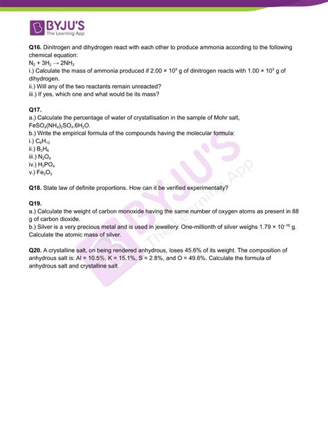 Class 11 Chemistry Worksheet On Chapter 1 Some Basic Concepts Of