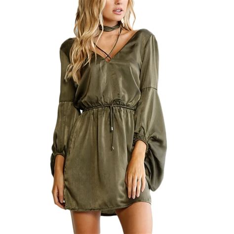 Army Green Women Spring Party Dresses Long Sleeve Ladies Sexy Club