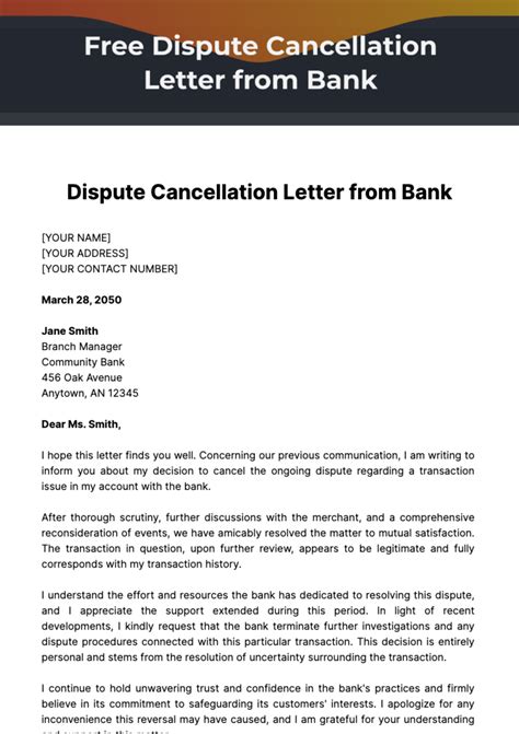 Free Dispute Cancellation Letter from Bank Template to Edit Online