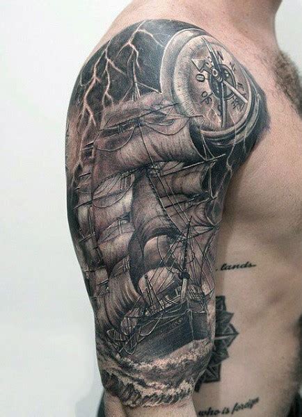 Gorgeous Black And White Very Realistic Tattoo On Shoulder With Sailing Ship On Storming Sea