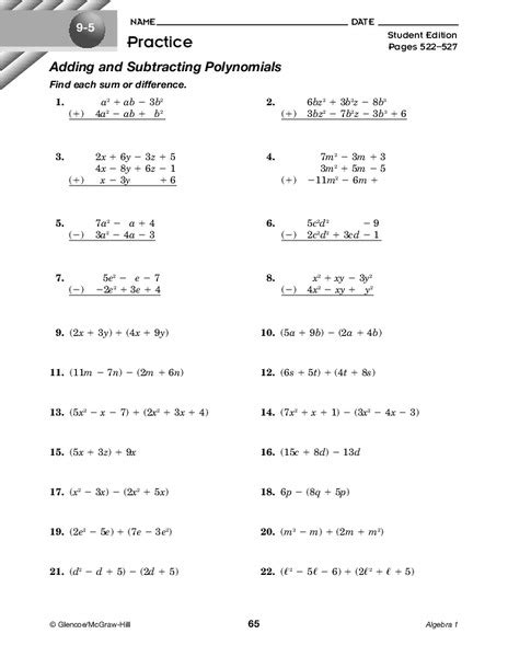 Adding And Subtracting Polynomials Worksheets