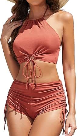 Amazon Sucrefas Women S Halter Crop Top Bikini Set Two Piece High